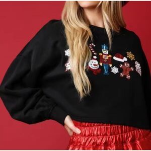 🎁25% Off Bundles🎁  Christmas Sequin Black Sequin Crop Holiday Pullover